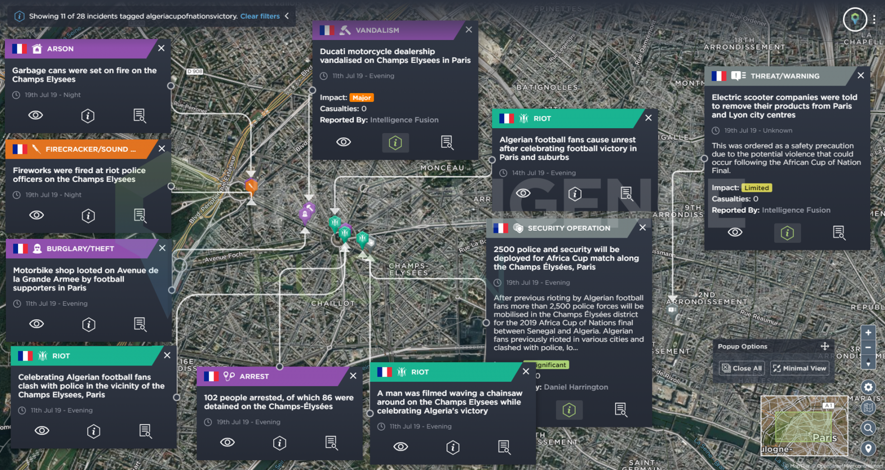 A map of the incidents along Champ Elysee in Paris during the African Cup of Nations tournament